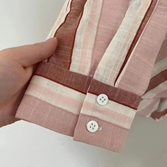 PEARL BY LELA ROSE Striped Linen Button Down Top Blush Multi Small - Picture 7 of 9